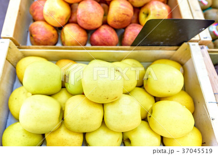 Fresh yellow and red apples with stickers 37045519