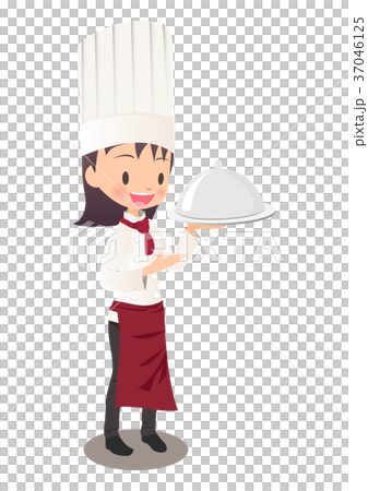 Illustration image of a female chef explaining a carried food 37046125