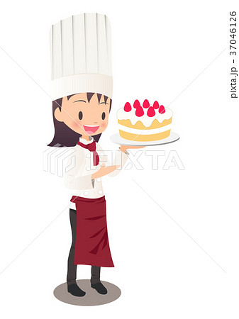 いちごのケーキを持つ女性パティシエのイラスト画像のイラスト素材