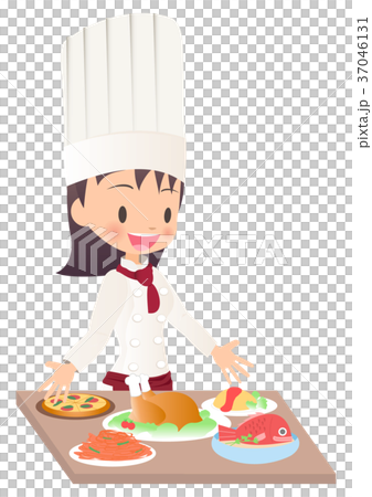 料理を完成させた女性シェフのイラスト画像 37046131