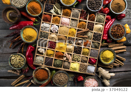 Assorted Spices in a wooden box Assorted Spices in a wooden box 37049122