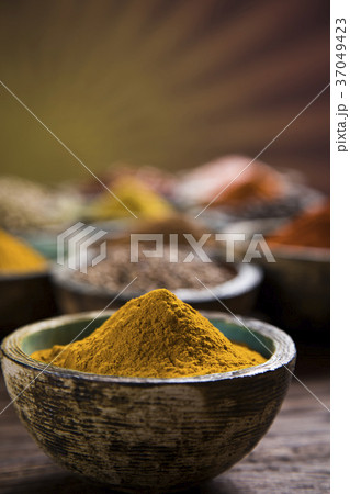 Spices and herbs and Wooden bowl Spices and herbs and Wooden bowl 37049423