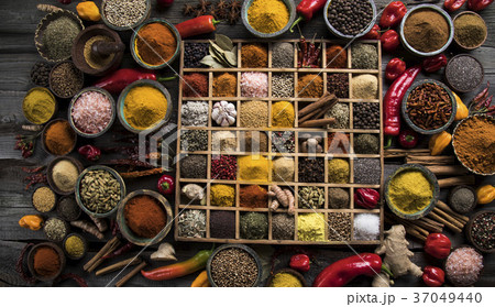 Assorted Spices in a wooden box 37049440