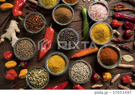 Spices and herbs and Wooden bowl 37051497