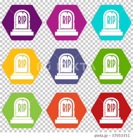 Gravestone with RIP text icon set color hexahedron 37053351