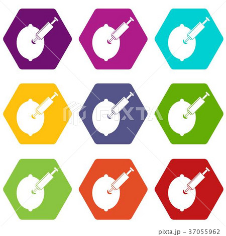 GMO lemon with syringe icon set color hexahedron 37055962