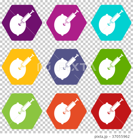 GMO lemon with syringe icon set color hexahedron 37055962