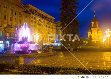 Colored fountain on Victoriei Square with Orthodox Cathedral 37056577