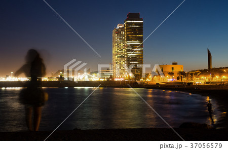 Illuminated Barceloneta Beach in summer night Illuminated Barceloneta Beach in summer night 37056579