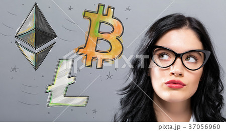 Bitcoin, Ethereum and Litecoin with young Bitcoin, Ethereum and Litecoin with young 37056960