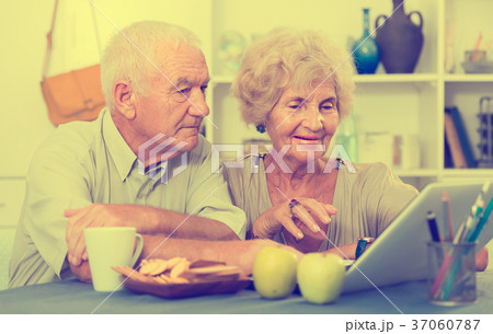 Smiling senior couple surfing net with laptop 37060787