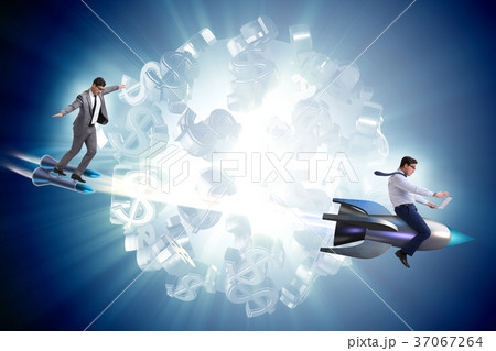 Businessman on rocket flying around dollar Businessman on rocket flying around dollar 37067264