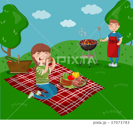 Young happy couple cooking and eating bbq while 37073783
