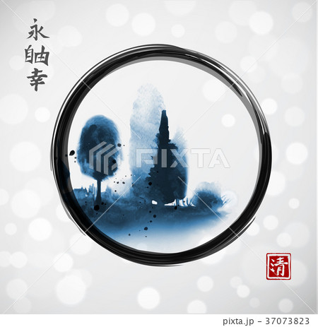 Ink wash painting with blue forest trees in black Ink wash painting with blue forest trees in black 37073823