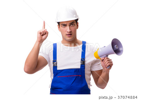 Man with megaphone isolated on white Man with megaphone isolated on white 37074884