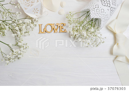 Mock up Composition of white flowers rustic style 37076303
