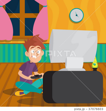 Teenager boy playing in video game at room 37076603