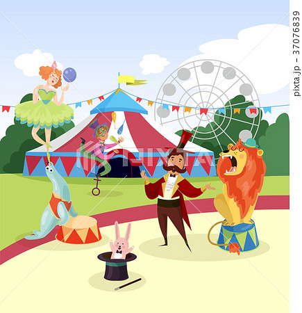 Amusement park with circus artists and marquee 37076839