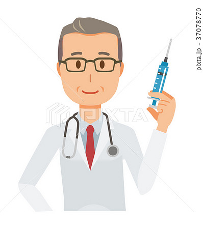 白衣を着た中年の男性医者が注射器を持っているのイラスト素材
