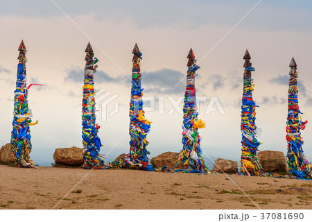 Ritual pillars with colorful ribbons Olkhon Island 37081690