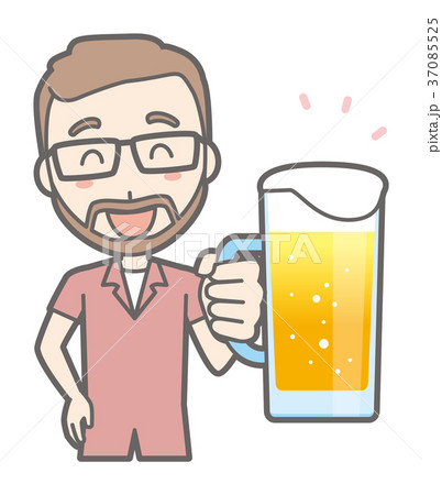 メガネをかけて髭を生やした男性がビールを飲んでいるのイラスト素材