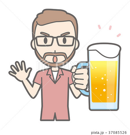 メガネをかけて髭を生やした男性がビールを持っているのイラスト素材