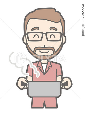 メガネをかけて髭を生やした男性が鍋を持っているのイラスト素材