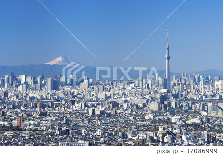 東京風景・2018年　富士山と東京の街並み全景 37086999