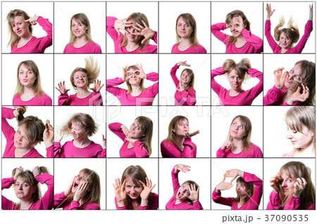 Collage of a young woman expressing different Collage of a young woman expressing different 37090535