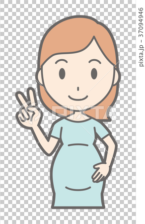 A pregnant woman wearing green clothes is doing peace sign 37094946