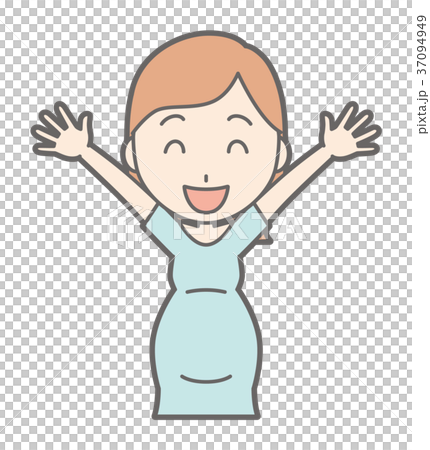 插图素材: 穿绿色衣裳的一名孕妇举她的手