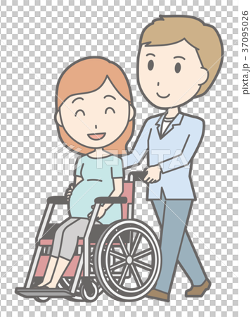 一名男子正在推著一個穿著綠色衣服的孕婦上了輪椅 一名男子正在推著一個穿著綠色衣服的孕婦上了輪椅 37095026