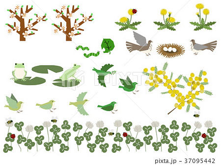 春の素材 カエルと小鳥のデザイン素材 春のイメージ のイラスト素材