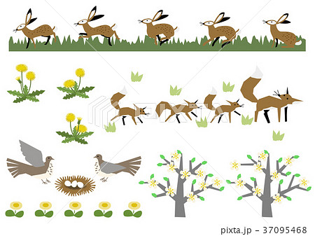 春のイメージ。野兎とキツネ。カレンダー用の素材。春のイメージ。 春のイメージ。野兎とキツネ。カレンダー用の素材。春のイメージ。 37095468