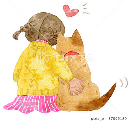 肩を寄せる犬と女の子のイラスト素材