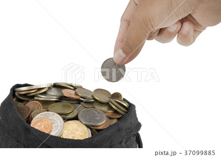 hand put coin in bag with money  37099885