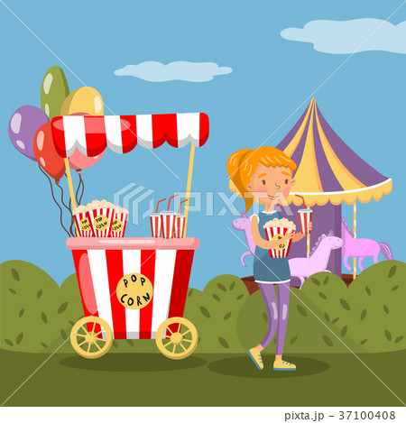 Red popcorn booth and girl eating popcorn in 37100408