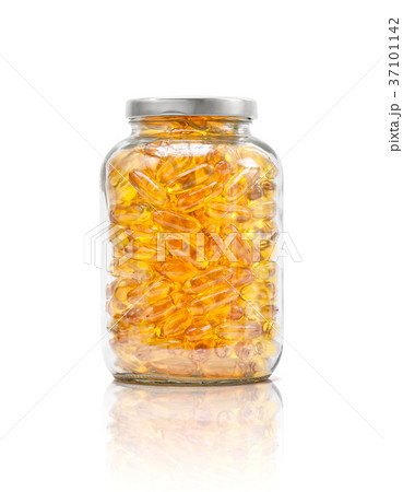 fish oil supplement capsule in clear glass bottle fish oil supplement capsule in clear glass bottle 37101142