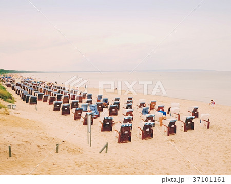 Typical beach basket chairs on sandy beach. 37101161