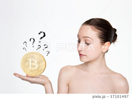 Girl holding bitcoin on her hand with question Girl holding bitcoin on her hand with question 37101497