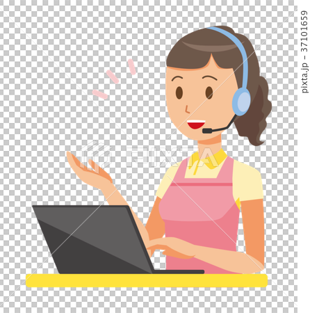 エプロンを着た女性ホームヘルパーがヘッドセットで通話している 37101659