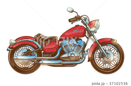 Hand-drawn red vintage motorcycle. Classic chopper 37102536