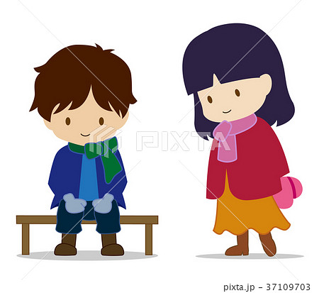 Cute lovers Winter boy Waiting on bench - Stock Illustration [37109703] -  PIXTA