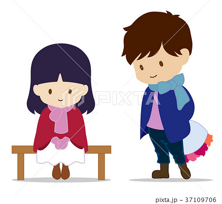 可愛い恋人たち 冬 ベンチで待つ女の子 人物のみのイラスト素材