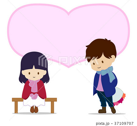 可愛い恋人たち 冬 ベンチで待つ女の子 ハート上部のイラスト素材