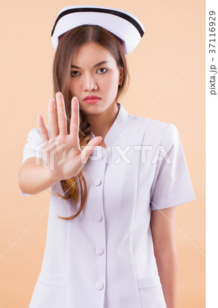 angry nurse saying no, halt stop hand sign angry nurse saying no, halt stop hand sign 37116929
