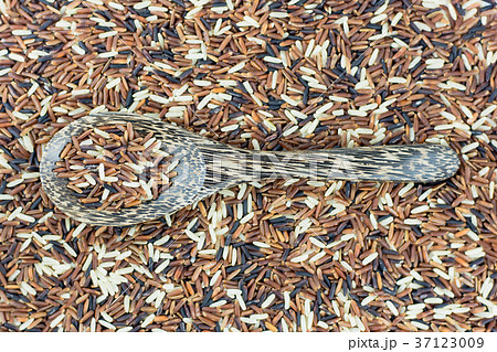 wood spoon and brown rice background.. 37123009