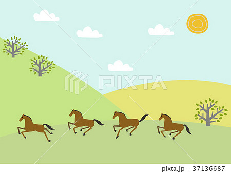 馬と春の風景 春のイメージイラスト 季節の素材 のイラスト素材
