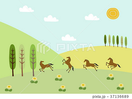 馬と春の風景 春のイメージイラスト 季節の素材 のイラスト素材
