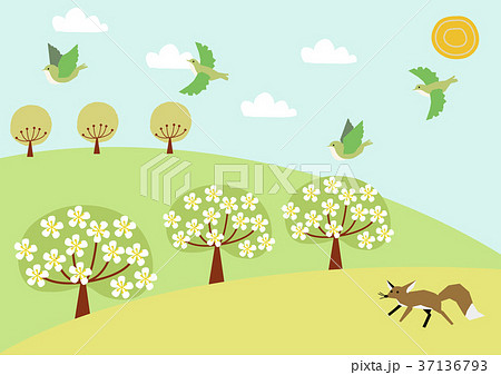 春の風景 春の山 季節のイメージ素材 小鳥と山 のイラスト素材